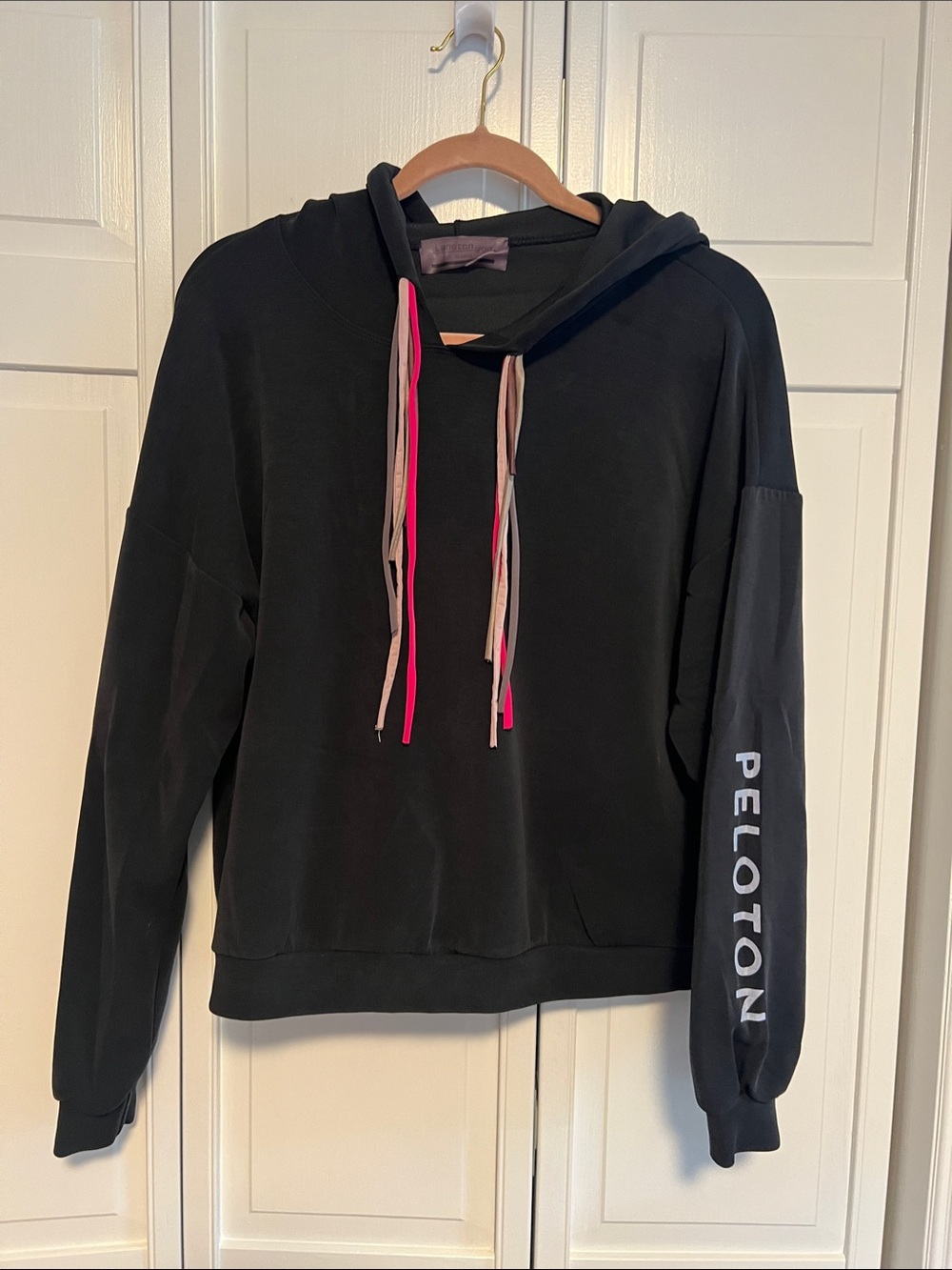 Peloton Black Hoodie with Pink and Beige Drawstrings